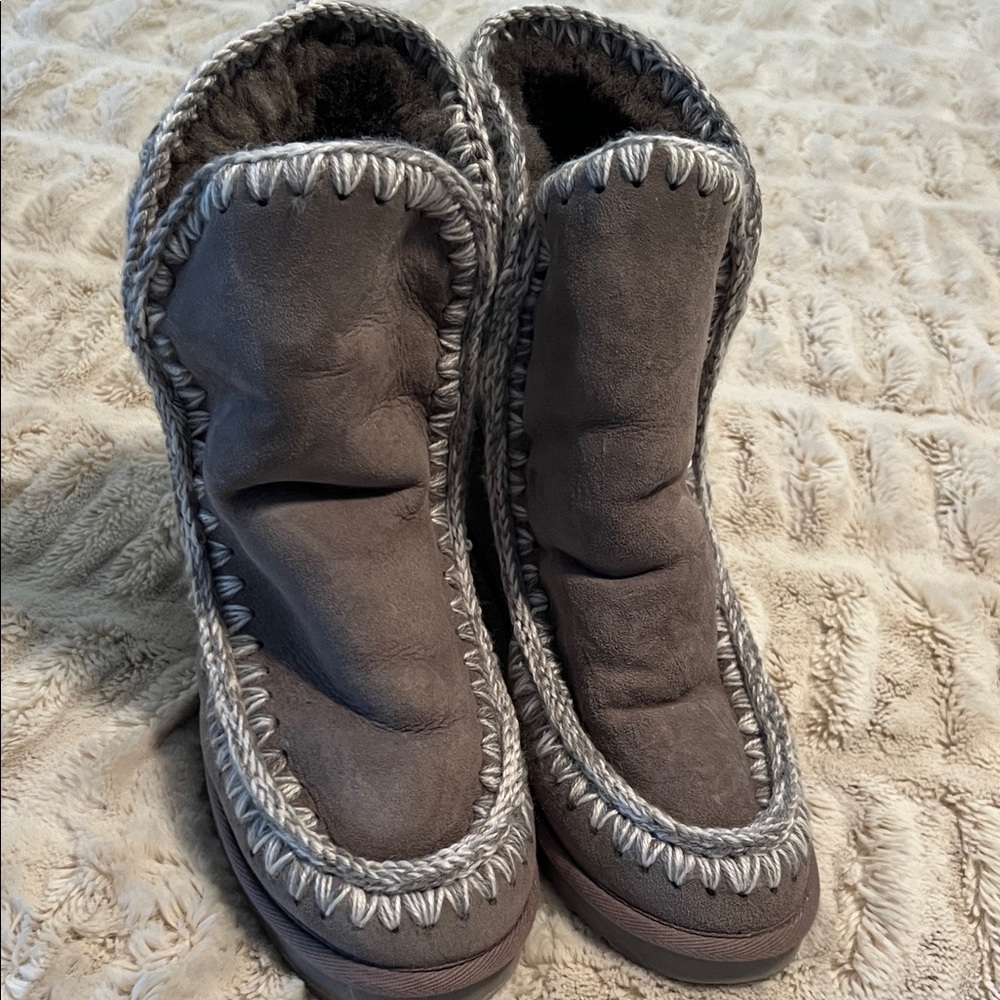 Mou Gray Ankle Boots with White Stitching